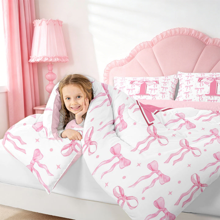 meiyoeat Pink Cute Bowknot 7 Pieces Bedding Comforter Set For Girls,Dreamy Bow Tie Monogram Print T Full Bedding Set For Kids,pink Reversible