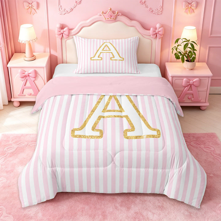 meiyoeat Gold Monogram A Letter Full Size Comforter Sets For Girls,Pink Geometric Lines Bedding Sets For Kids,pink Reversible,3 Pieces