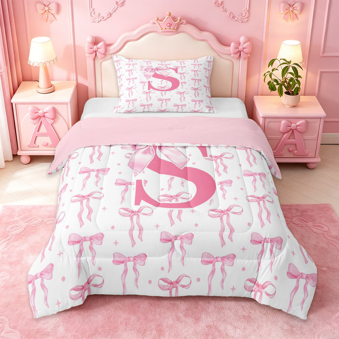 meiyoeat Kawaii Bowknot Initial S Full Size Comforter Sets For Girls,Pink Personalized Monogram Print Bedding Sets For Kids,pink Reversible,3-Piece