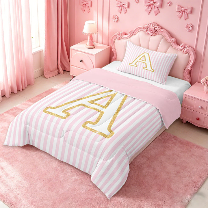 meiyoeat Gold Monogram A Letter Full Size Comforter Sets For Girls,Pink Geometric Lines Bedding Sets For Kids,pink Reversible,3 Pieces