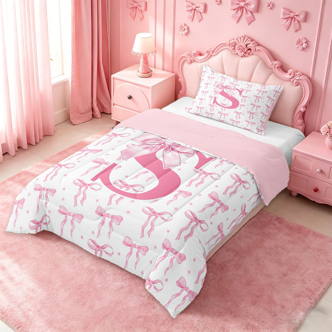 meiyoeat Kawaii Bowknot Initial S Full Size Comforter Sets For Girls,Pink Personalized Monogram Print Bedding Sets For Kids,pink Reversible,3-Piece