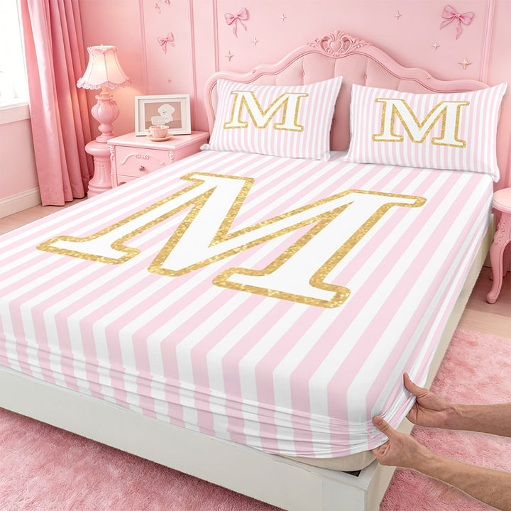 meiyoeat Gold M Initial Print Full Size Sheets For Girls,Pink Minimalist Lines Bed Sheets For Kids,4-Piece