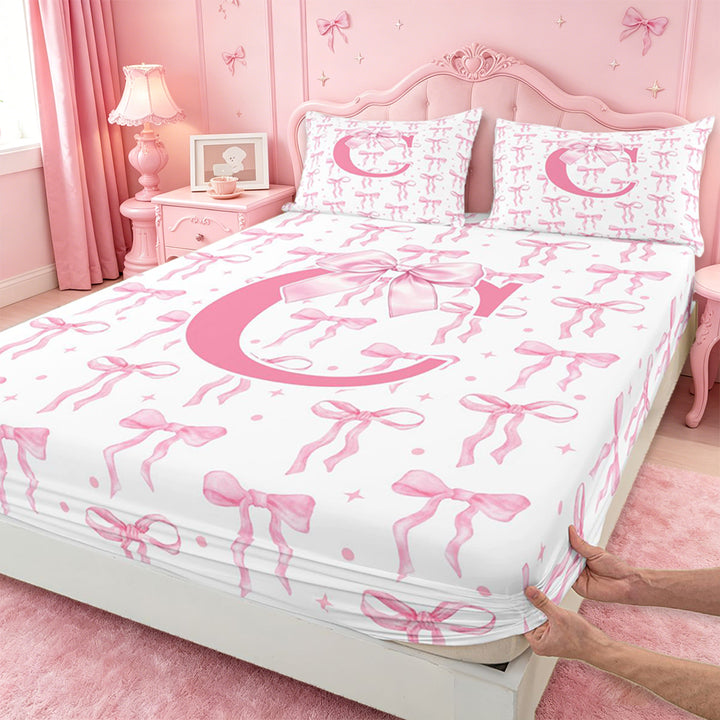 meiyoeat Pink Ribbon Bow Full Size Sheets For Bowknot Lovers,Girls Personalized Monogrammed C Gifts Bed Sheets Kids,4pcs