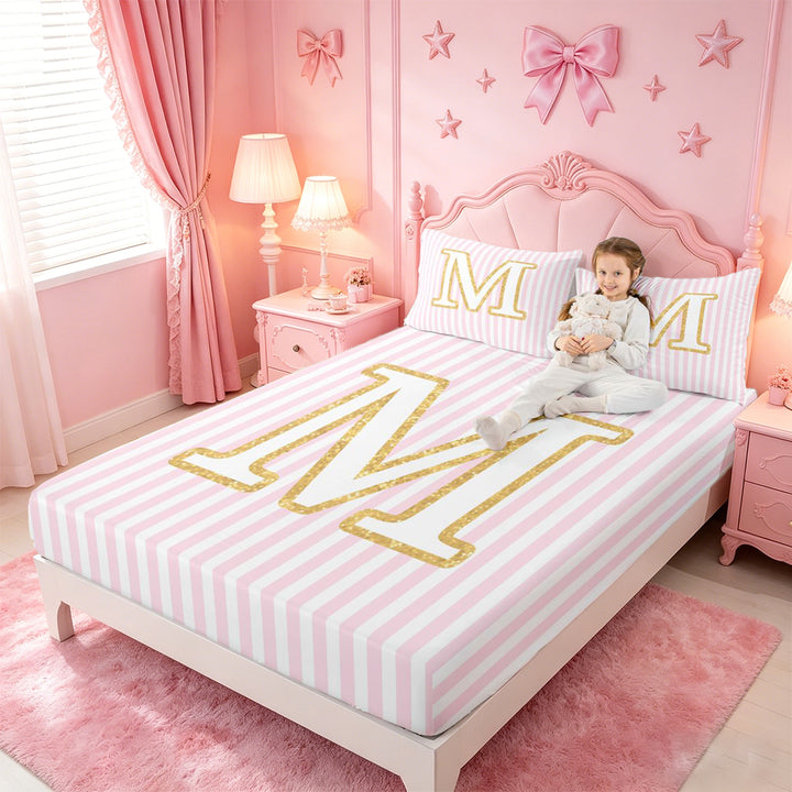 meiyoeat Gold M Initial Print Full Size Sheets For Girls,Pink Minimalist Lines Bed Sheets For Kids,4-Piece