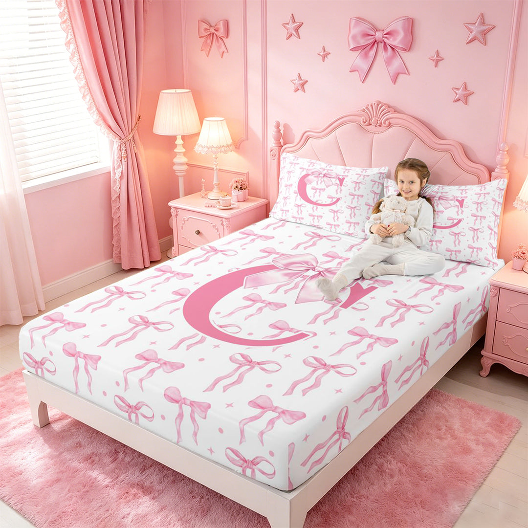 meiyoeat Pink Ribbon Bow Full Size Sheets For Bowknot Lovers,Girls Personalized Monogrammed C Gifts Bed Sheets Kids,4pcs