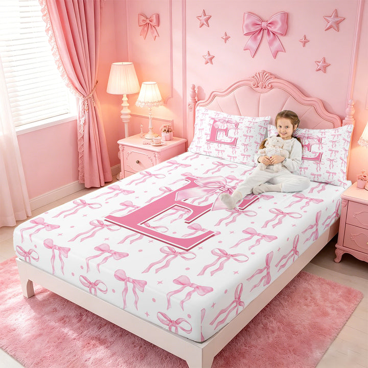 meiyoeat Pink Personalized Monogram Print Full Size Sheets For Girls,Cartoon Bow Initial E Bed Sheets For Kids,4 Pieces
