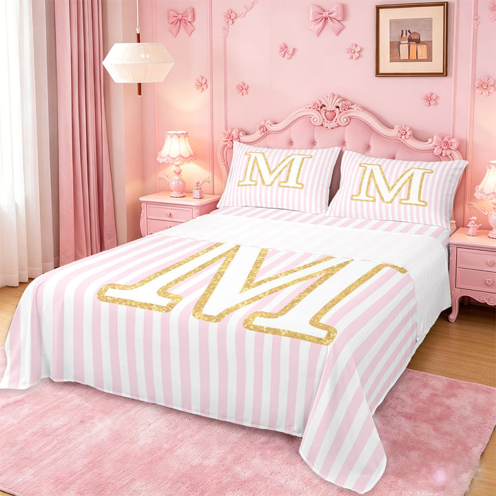 meiyoeat Gold M Initial Print Full Size Sheets For Girls,Pink Minimalist Lines Bed Sheets For Kids,4-Piece