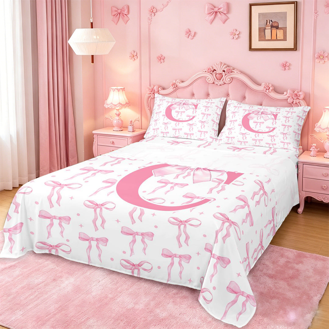 meiyoeat Pink Ribbon Bow Full Size Sheets For Bowknot Lovers,Girls Personalized Monogrammed C Gifts Bed Sheets Kids,4pcs