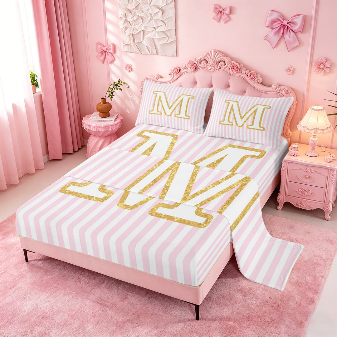 meiyoeat Gold M Initial Print Full Size Sheets For Girls,Pink Minimalist Lines Bed Sheets For Kids,4-Piece