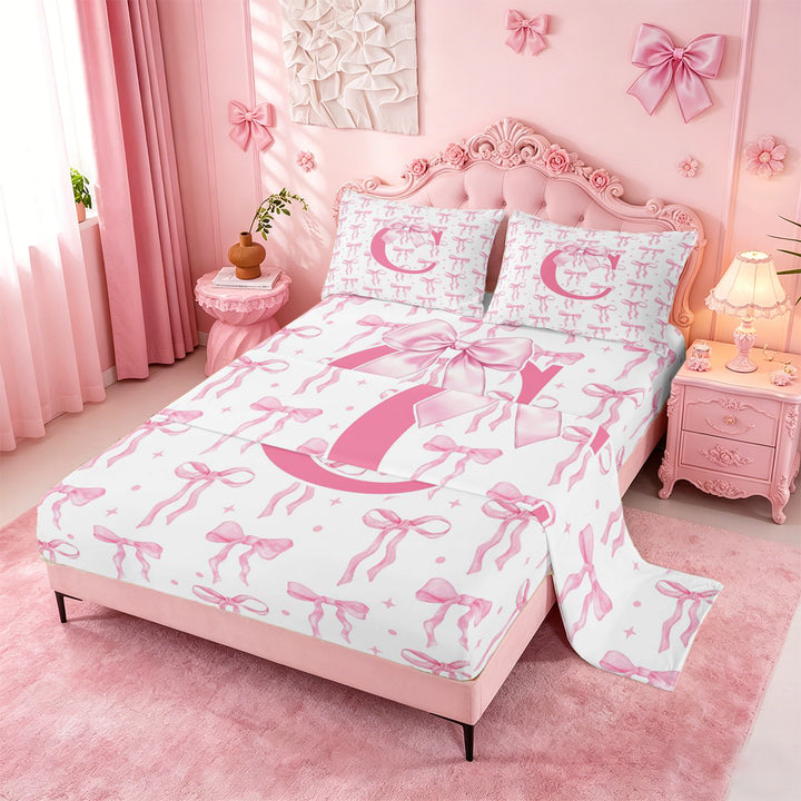 meiyoeat Pink Ribbon Bow Full Size Sheets For Bowknot Lovers,Girls Personalized Monogrammed C Gifts Bed Sheets Kids,4pcs