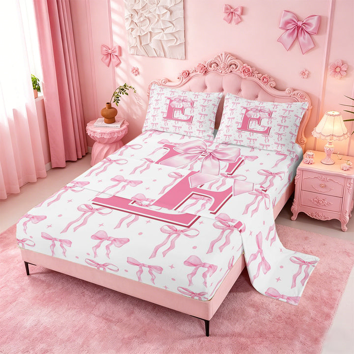 meiyoeat Pink Personalized Monogram Print Full Size Sheets For Girls,Cartoon Bow Initial E Bed Sheets For Kids,4 Pieces