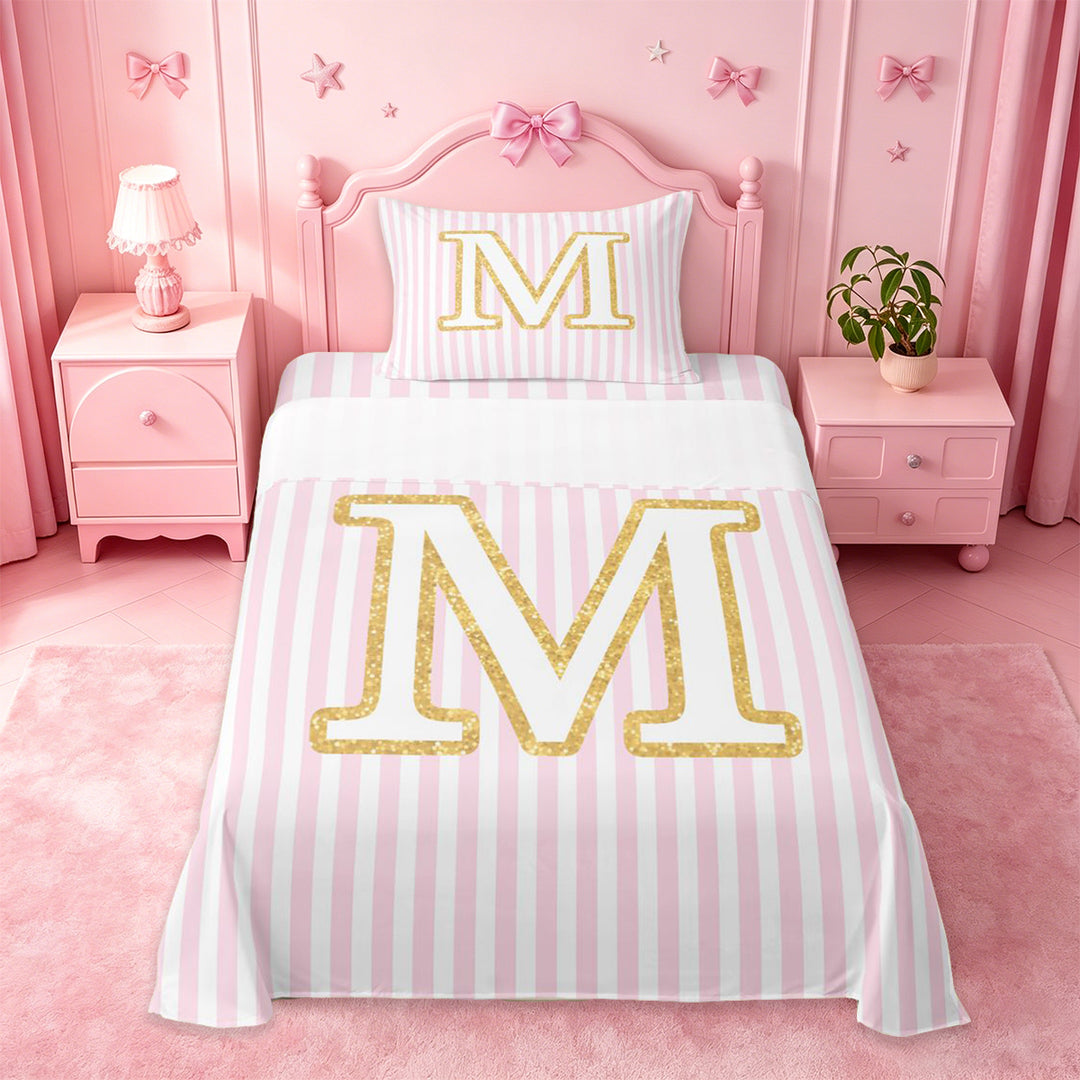 meiyoeat Gold M Initial Print Full Size Sheets For Girls,Pink Minimalist Lines Bed Sheets For Kids,4-Piece