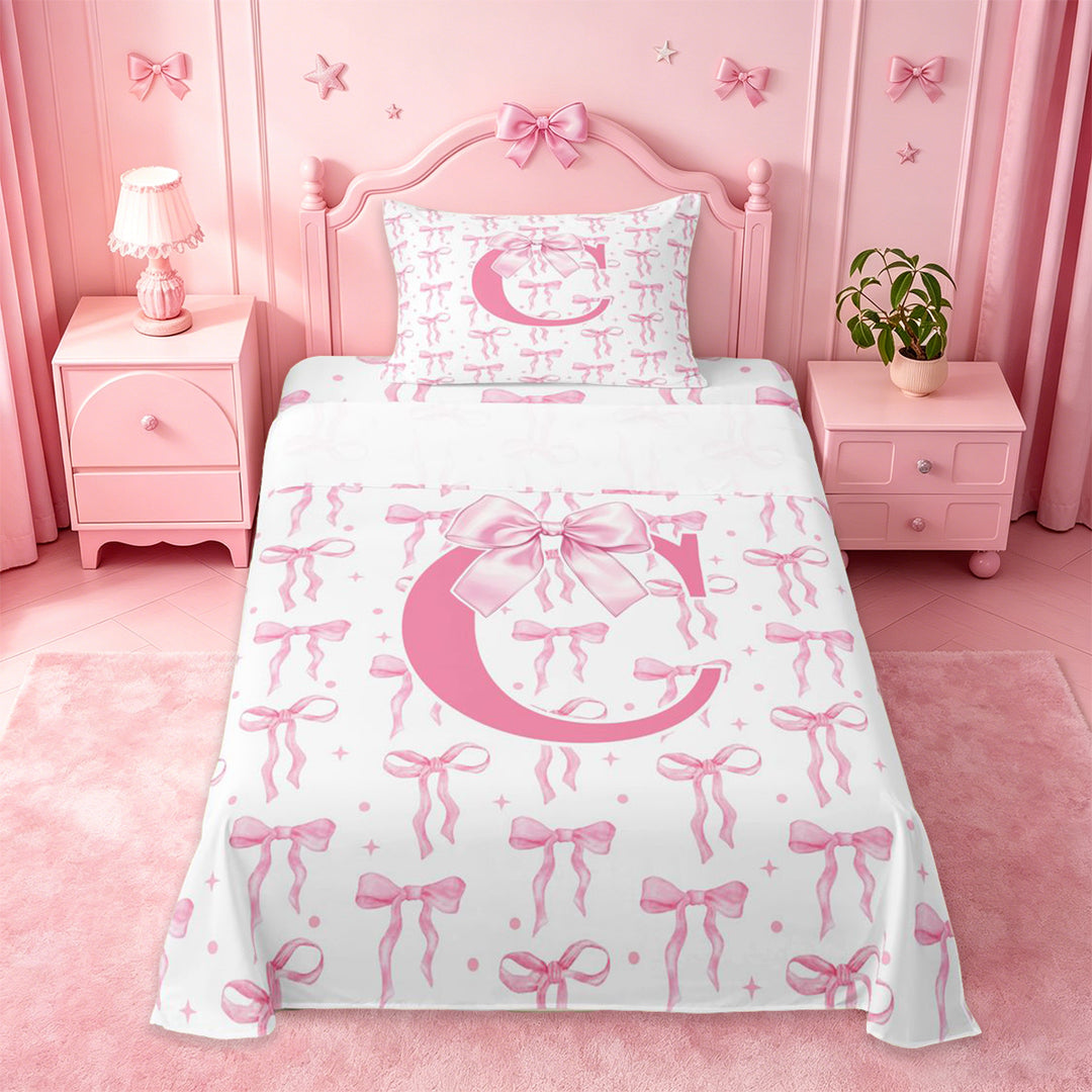 meiyoeat Pink Ribbon Bow Full Size Sheets For Bowknot Lovers,Girls Personalized Monogrammed C Gifts Bed Sheets Kids,4pcs