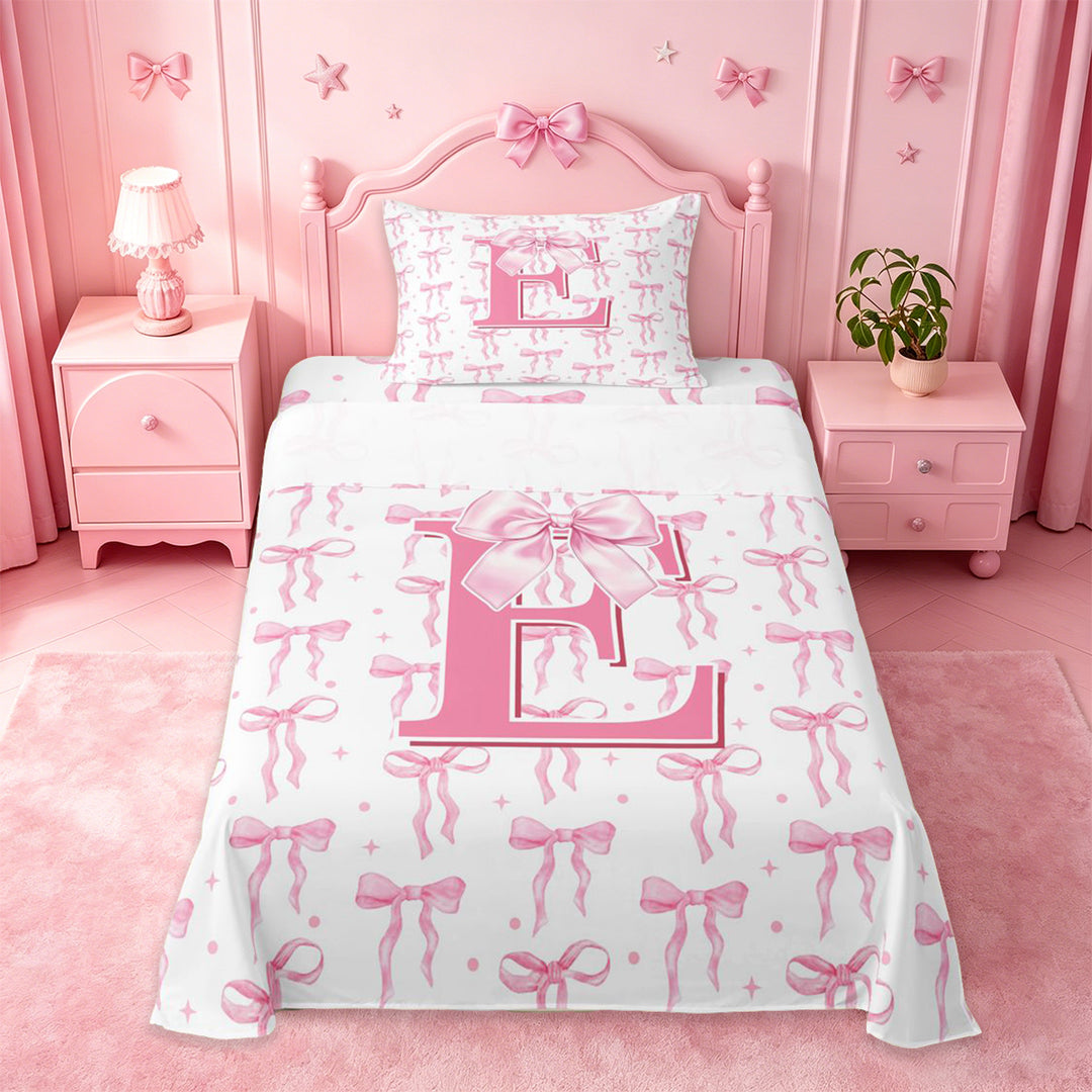 meiyoeat Pink Personalized Monogram Print Full Size Sheets For Girls,Cartoon Bow Initial E Bed Sheets For Kids,4 Pieces