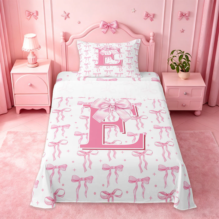 meiyoeat Pink Personalized Monogram Print Full Size Sheets For Girls,Cartoon Bow Initial E Bed Sheets For Kids,4 Pieces