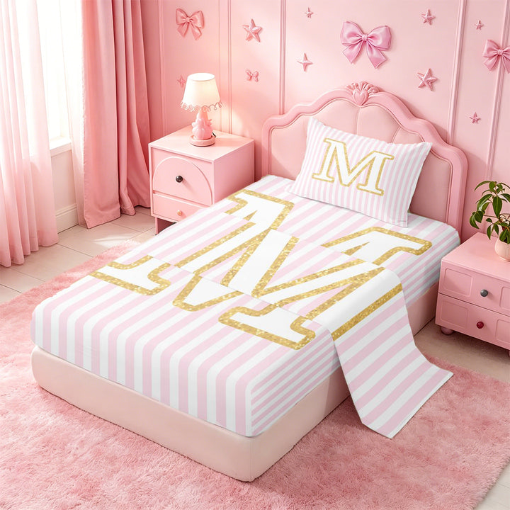 meiyoeat Gold M Initial Print Full Size Sheets For Girls,Pink Minimalist Lines Bed Sheets For Kids,4-Piece