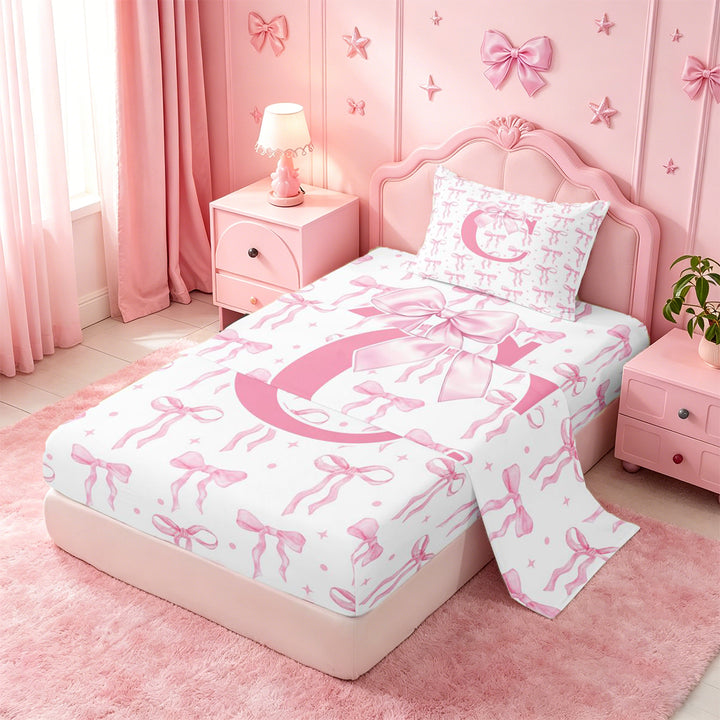 meiyoeat Pink Ribbon Bow Full Size Sheets For Bowknot Lovers,Girls Personalized Monogrammed C Gifts Bed Sheets Kids,4pcs