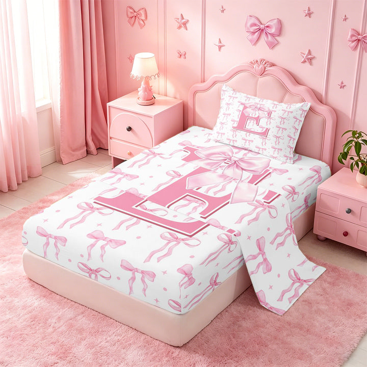 meiyoeat Pink Personalized Monogram Print Full Size Sheets For Girls,Cartoon Bow Initial E Bed Sheets For Kids,4 Pieces