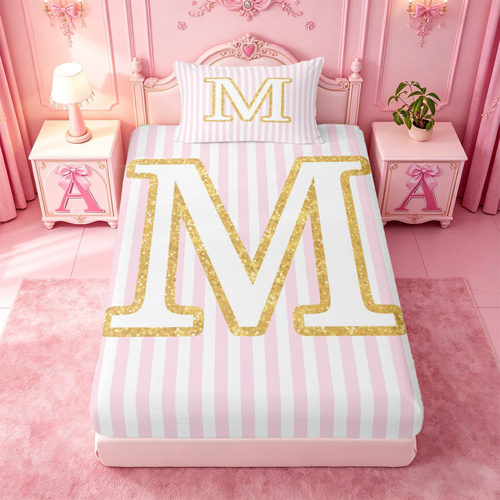 meiyoeat Gold M Initial Print Full Size Sheets For Girls,Pink Minimalist Lines Bed Sheets For Kids,4-Piece