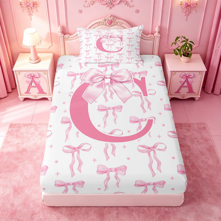 meiyoeat Pink Ribbon Bow Full Size Sheets For Bowknot Lovers,Girls Personalized Monogrammed C Gifts Bed Sheets Kids,4pcs