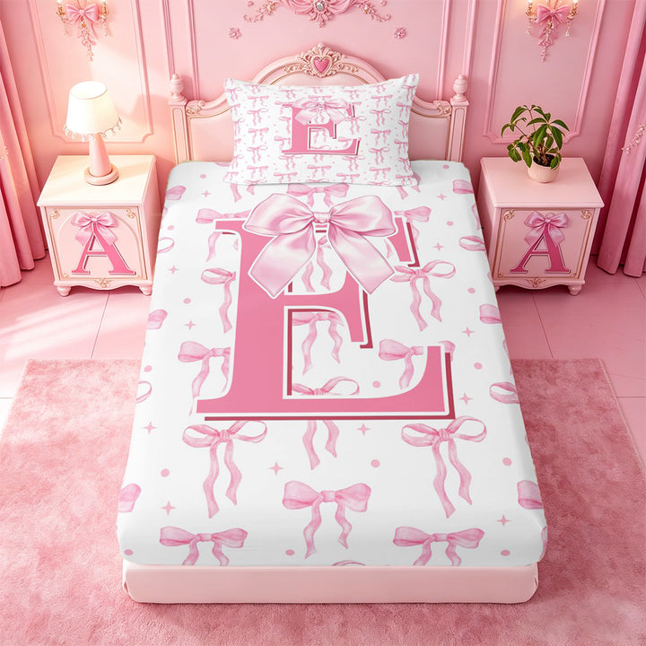 meiyoeat Pink Personalized Monogram Print Full Size Sheets For Girls,Cartoon Bow Initial E Bed Sheets For Kids,4 Pieces