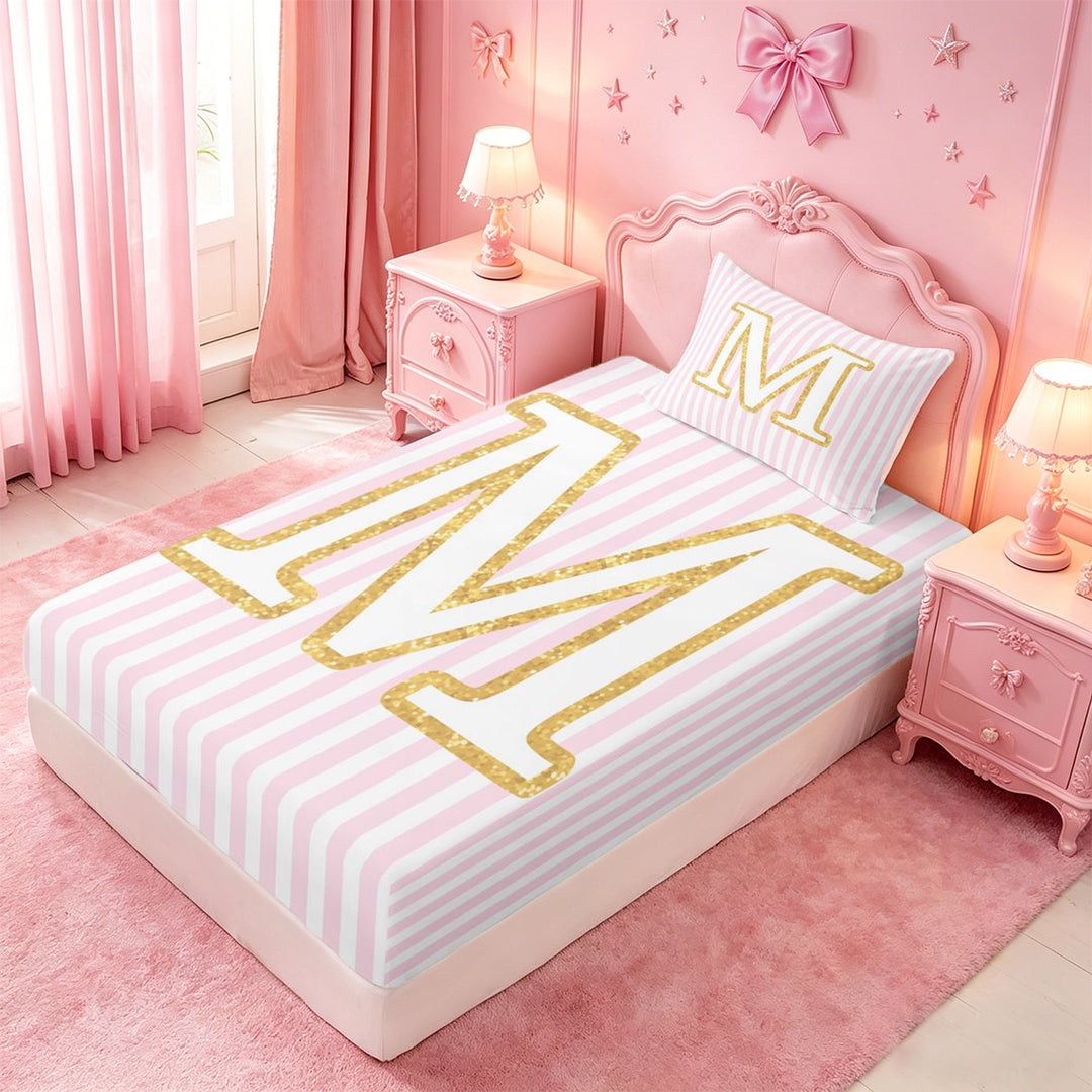 meiyoeat Gold M Initial Print Full Size Sheets For Girls,Pink Minimalist Lines Bed Sheets For Kids,4-Piece