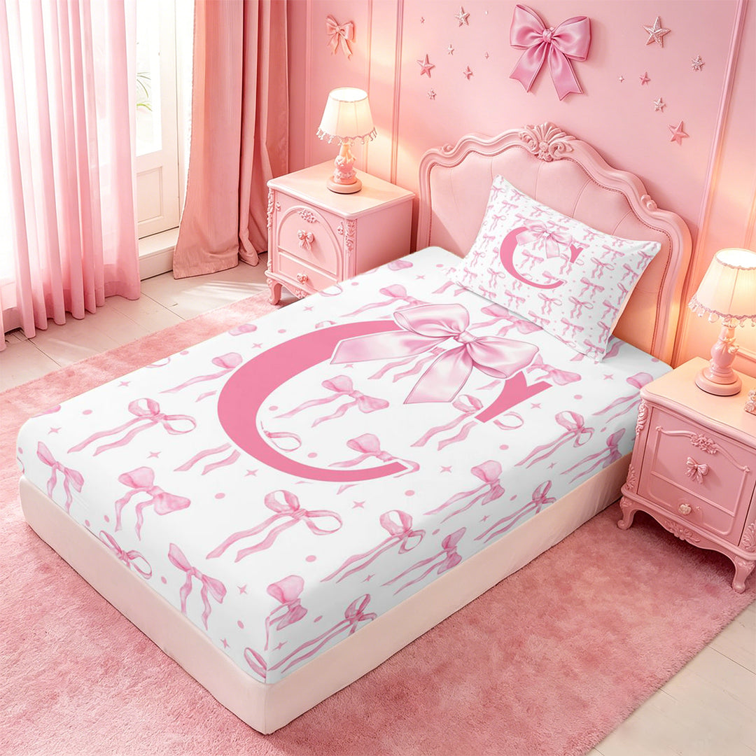 meiyoeat Pink Ribbon Bow Full Size Sheets For Bowknot Lovers,Girls Personalized Monogrammed C Gifts Bed Sheets Kids,4pcs