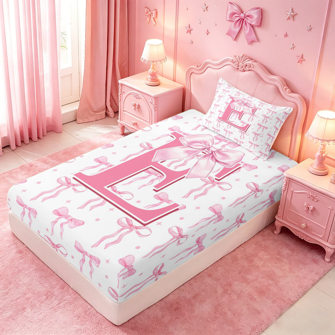 meiyoeat Pink Personalized Monogram Print Full Size Sheets For Girls,Cartoon Bow Initial E Bed Sheets For Kids,4 Pieces