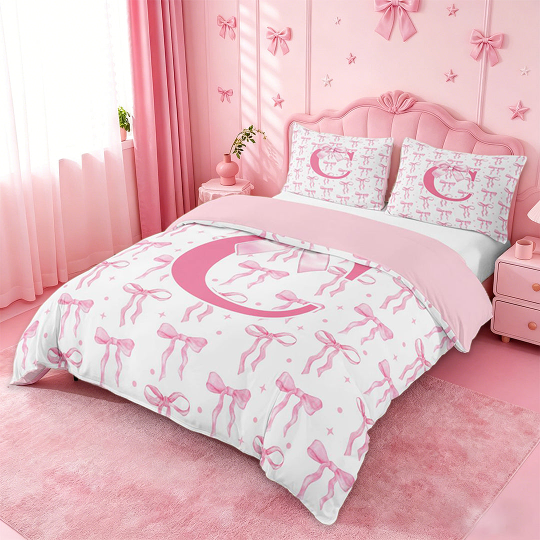 meiyoeat Pink Ribbon Bow Duvet Cover Set For Bowknot Lovers,Girls Personalized Monogrammed C Gifts Bedding Full Kids,pink Reversible,3pcs(No Comforter)