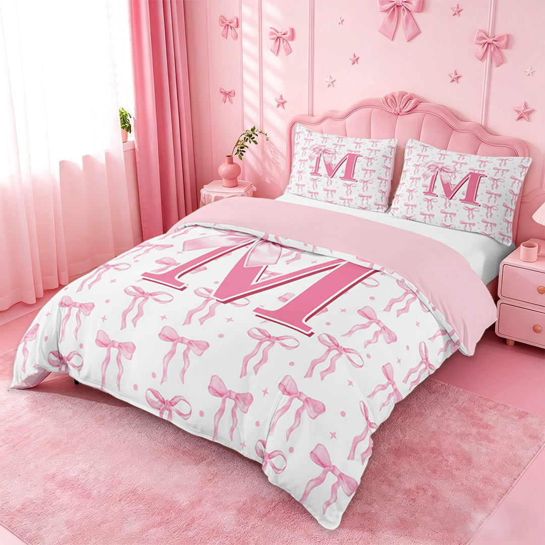 meiyoeat Pink Initial Latter M Duvet Cover Set For Girls,Cute Coquette Bowknot Bedding Full For Kids,pink Reversible,3-Piece(No Comforter)
