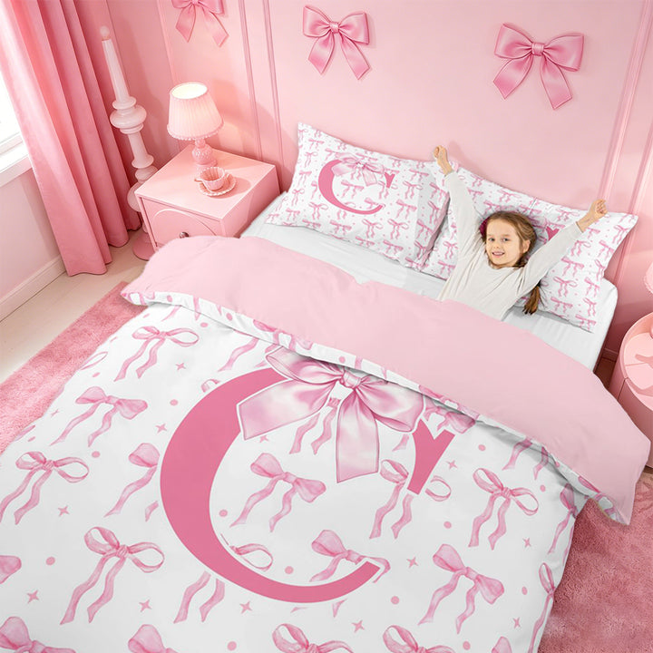 meiyoeat Pink Ribbon Bow Duvet Cover Set For Bowknot Lovers,Girls Personalized Monogrammed C Gifts Bedding Full Kids,pink Reversible,3pcs(No Comforter)
