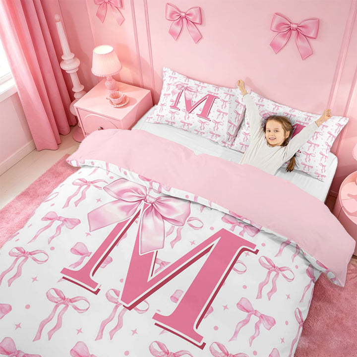 meiyoeat Pink Initial Latter M Duvet Cover Set For Girls,Cute Coquette Bowknot Bedding Full For Kids,pink Reversible,3-Piece(No Comforter)