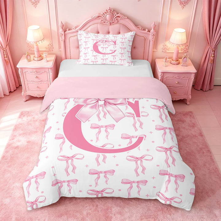 meiyoeat Pink Ribbon Bow Duvet Cover Set For Bowknot Lovers,Girls Personalized Monogrammed C Gifts Bedding Full Kids,pink Reversible,3pcs(No Comforter)