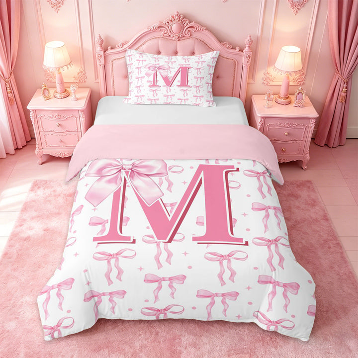 meiyoeat Pink Initial Latter M Duvet Cover Set For Girls,Cute Coquette Bowknot Bedding Full For Kids,pink Reversible,3-Piece(No Comforter)
