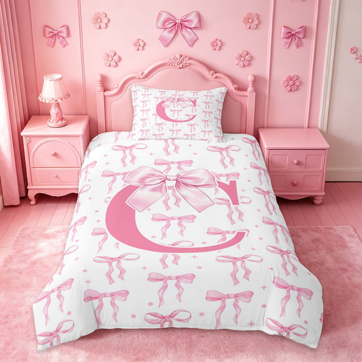 meiyoeat Pink Ribbon Bow Duvet Cover Set For Bowknot Lovers,Girls Personalized Monogrammed C Gifts Bedding Full Kids,pink Reversible,3pcs(No Comforter)