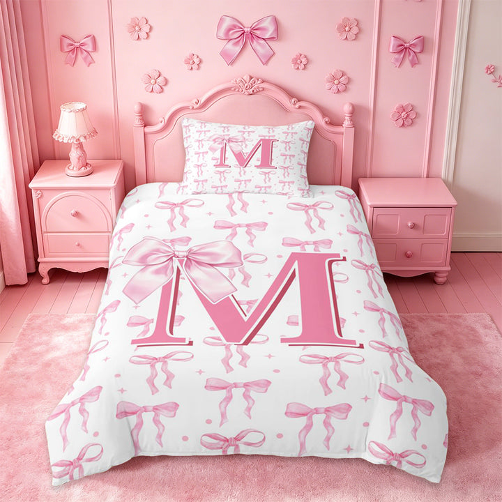 meiyoeat Pink Initial Latter M Duvet Cover Set For Girls,Cute Coquette Bowknot Bedding Full For Kids,pink Reversible,3-Piece(No Comforter)