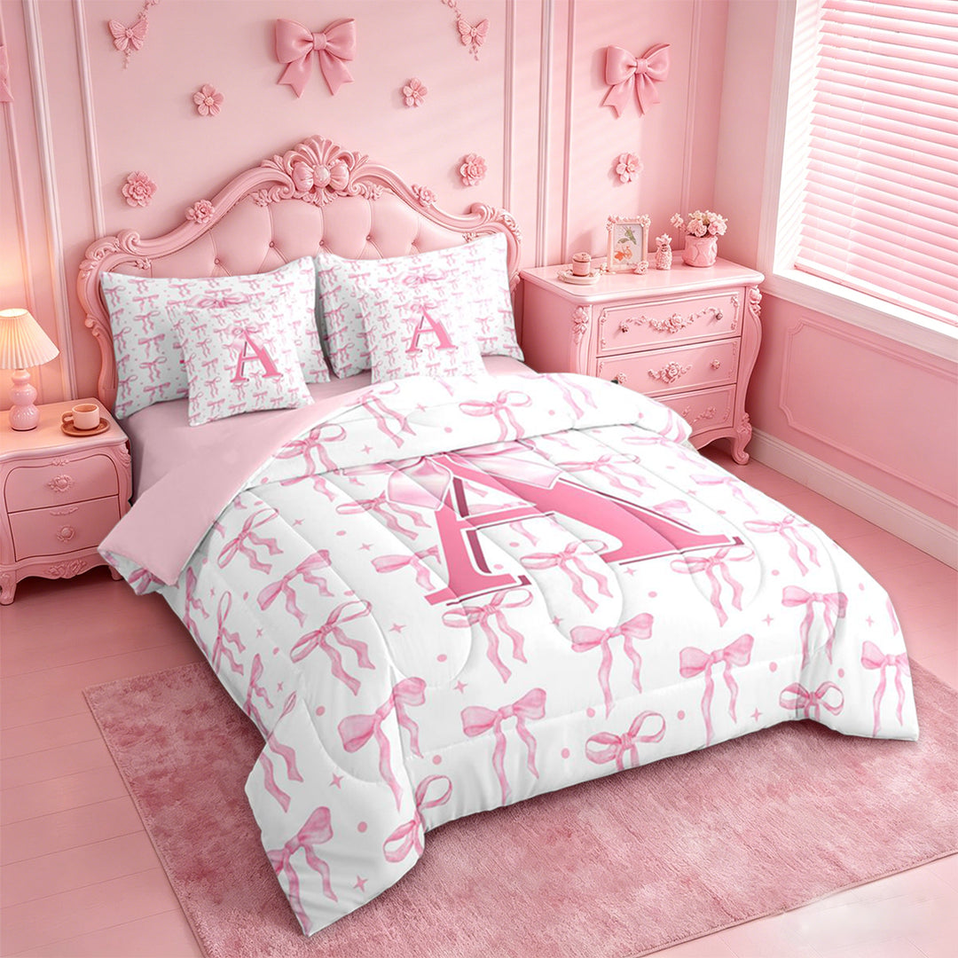 meiyoeat Pink Bow 7 Pieces Bedding Comforter Set For Girls,Coquette Bowtie Monogrammed A Print Full Bedding Set For Kids,pink Reversible