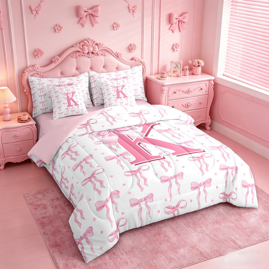 meiyoeat Girly Bow ABC Alphabet 7 Pieces Bedding Comforter Set For Kids,Pink Polka Dots Monogrammed Print K Full Bedding Set,pink Reversible