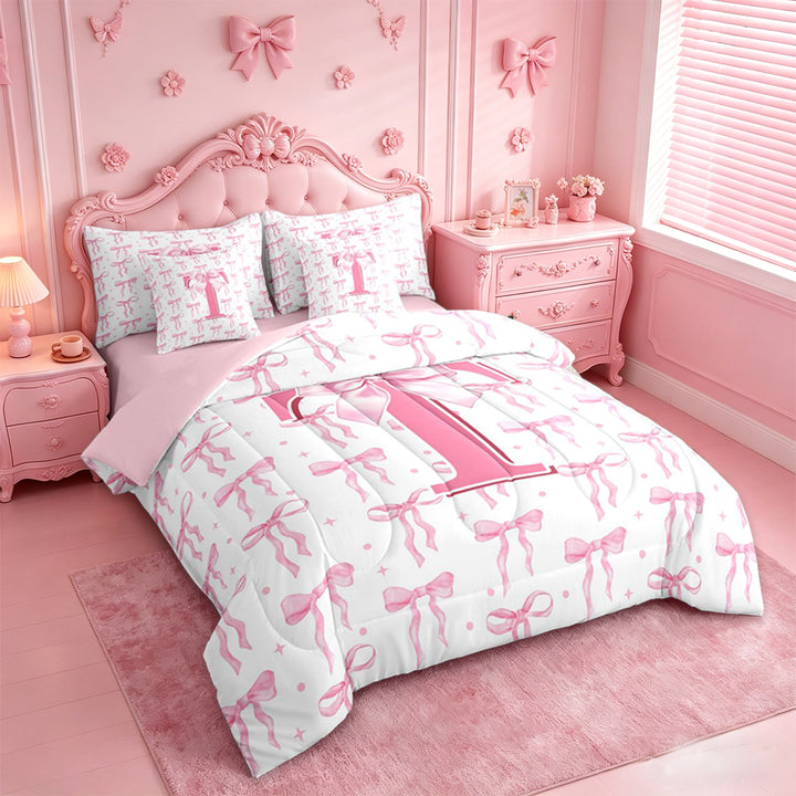 meiyoeat Pink Cute Bowknot 7 Pieces Bedding Comforter Set For Girls,Dreamy Bow Tie Monogram Print T Full Bedding Set For Kids,pink Reversible