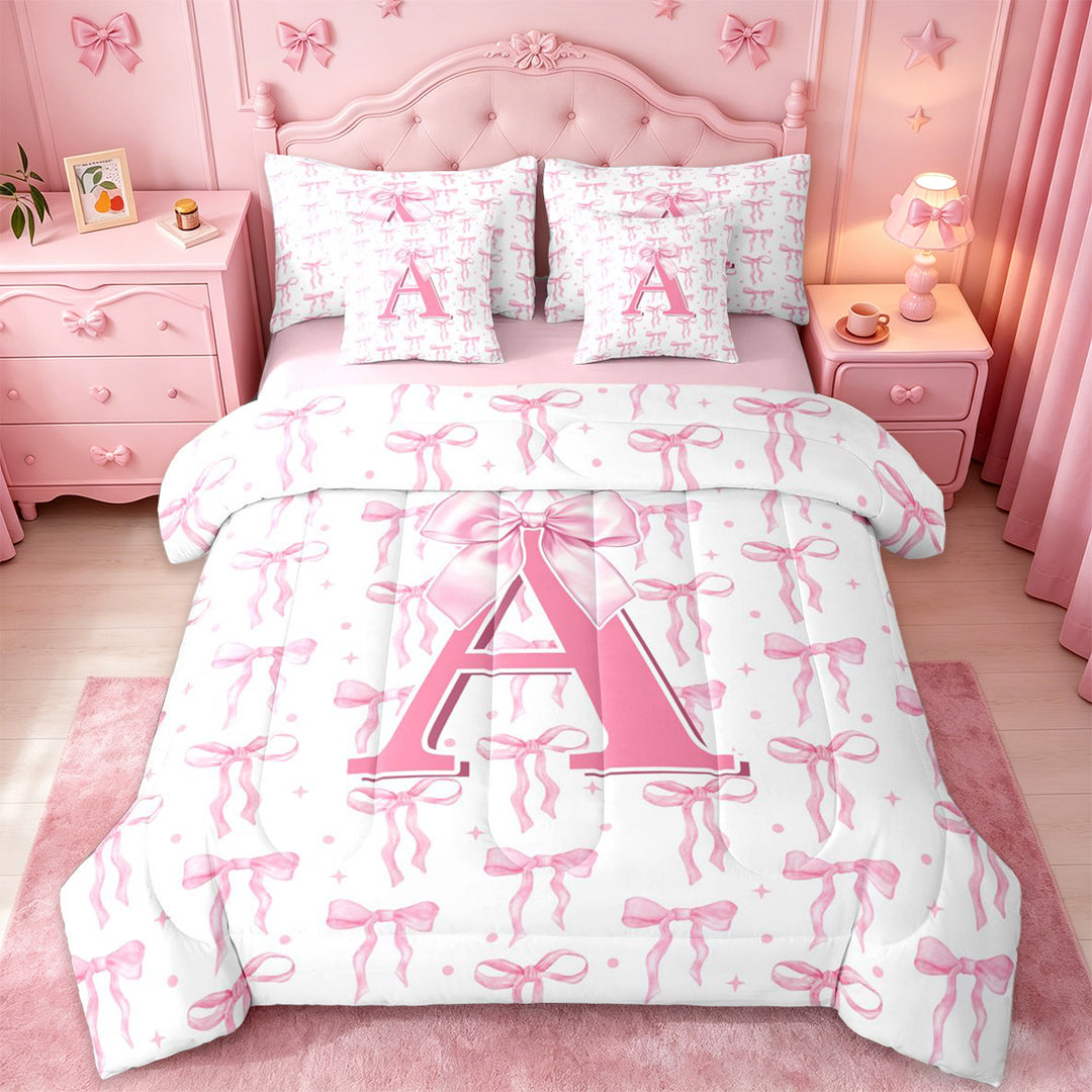meiyoeat Pink Bow 7 Pieces Bedding Comforter Set For Girls,Coquette Bowtie Monogrammed A Print Full Bedding Set For Kids,pink Reversible