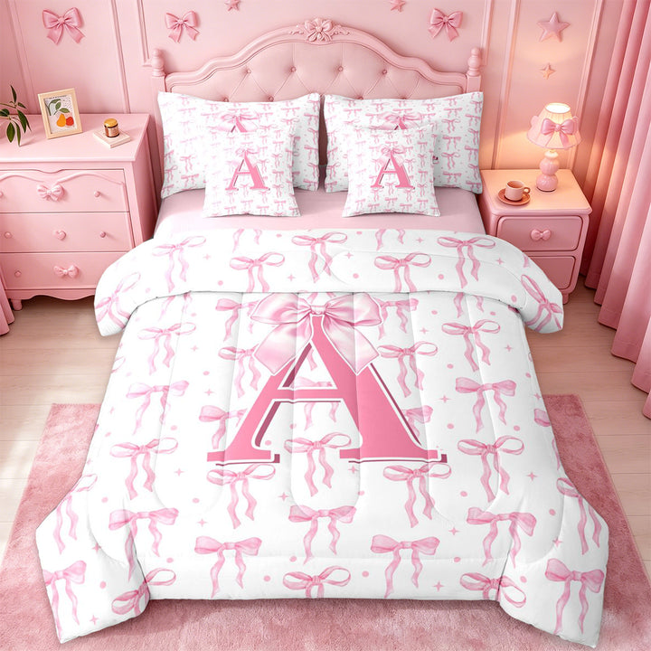 meiyoeat Pink Bow 7 Pieces Bedding Comforter Set For Girls,Coquette Bowtie Monogrammed A Print Full Bedding Set For Kids,pink Reversible