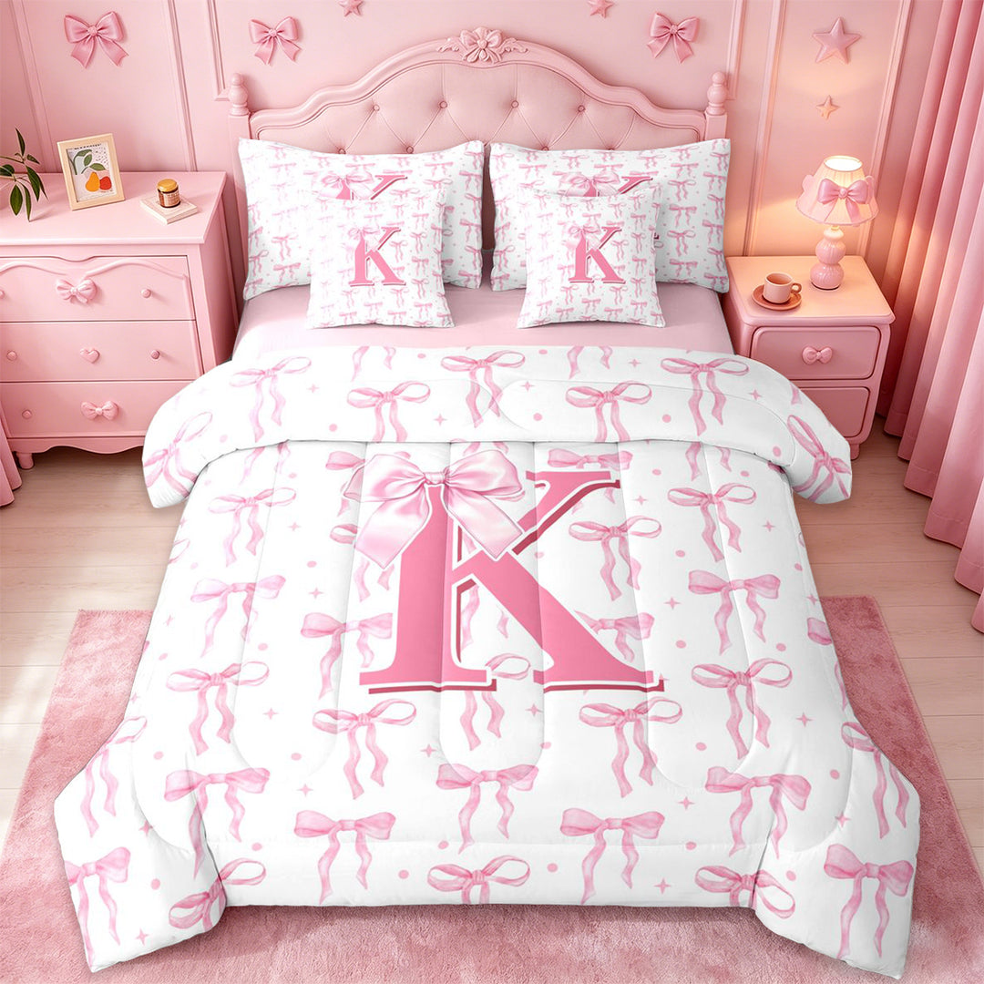 meiyoeat Girly Bow ABC Alphabet 7 Pieces Bedding Comforter Set For Kids,Pink Polka Dots Monogrammed Print K Full Bedding Set,pink Reversible