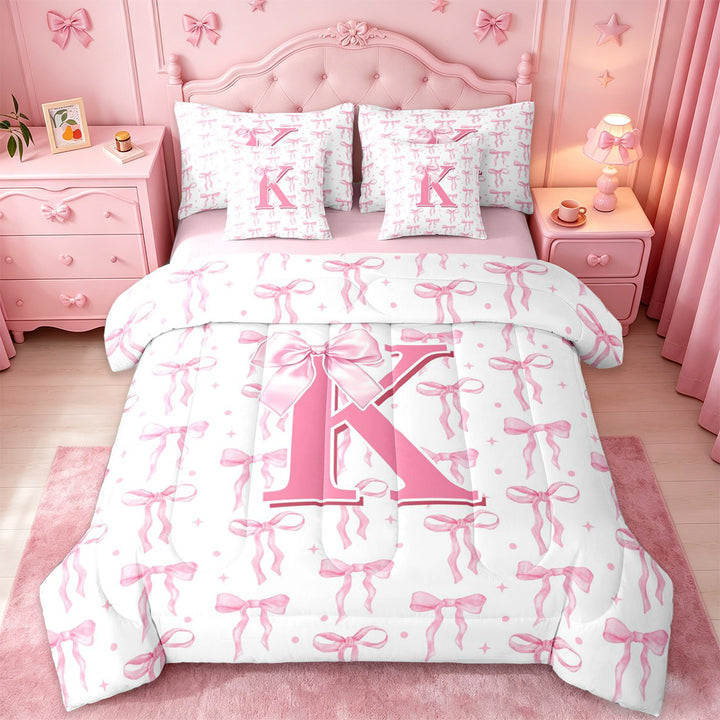 meiyoeat Girly Bow ABC Alphabet 7 Pieces Bedding Comforter Set For Kids,Pink Polka Dots Monogrammed Print K Full Bedding Set,pink Reversible