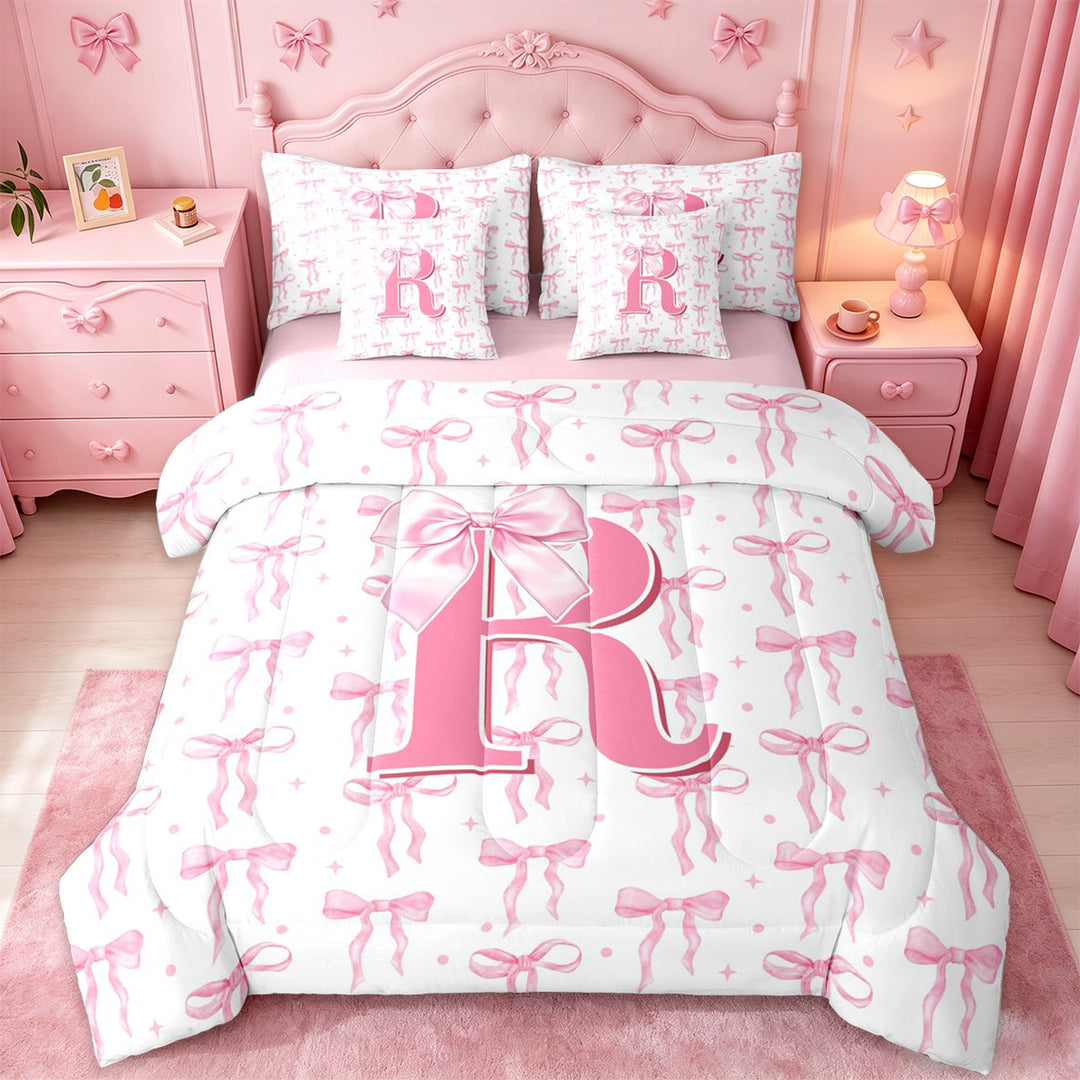 meiyoeat Bow Initial Print R 7 Pieces Bedding Comforter Set For Girls, Pink Princess Bowknot Alphabet Art Full Bedding Set For Kids,pink Reversible