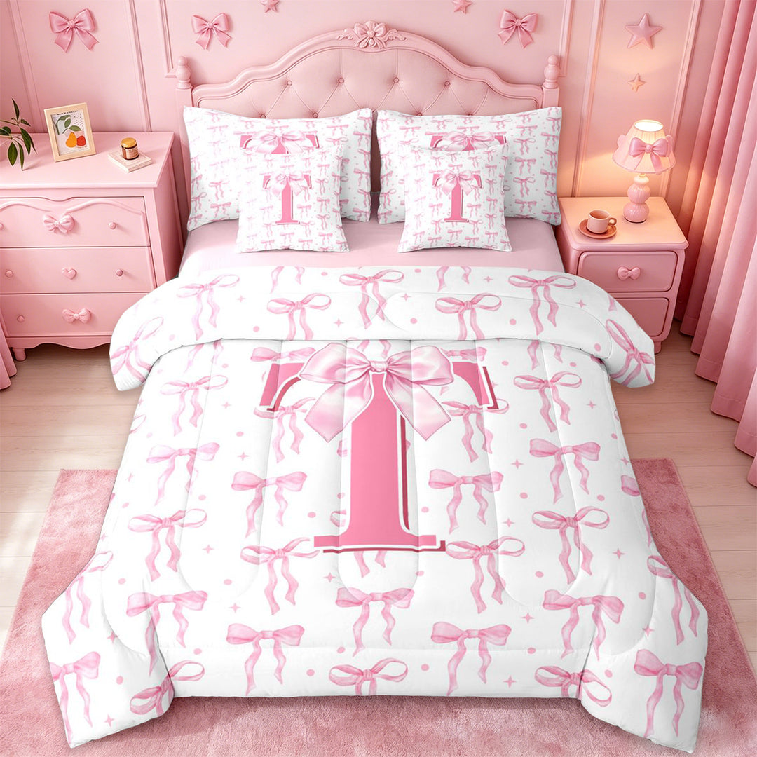 meiyoeat Pink Cute Bowknot 7 Pieces Bedding Comforter Set For Girls,Dreamy Bow Tie Monogram Print T Full Bedding Set For Kids,pink Reversible