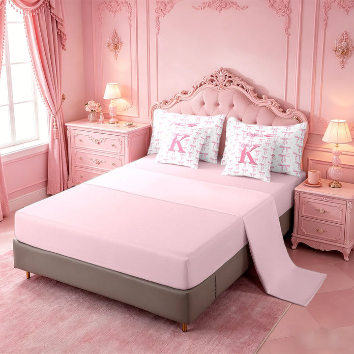 meiyoeat Girly Bow ABC Alphabet 7 Pieces Bedding Comforter Set For Kids,Pink Polka Dots Monogrammed Print K Full Bedding Set,pink Reversible