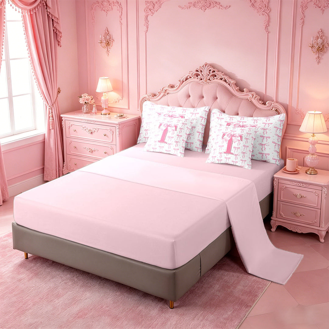 meiyoeat Pink Cute Bowknot 7 Pieces Bedding Comforter Set For Girls,Dreamy Bow Tie Monogram Print T Full Bedding Set For Kids,pink Reversible