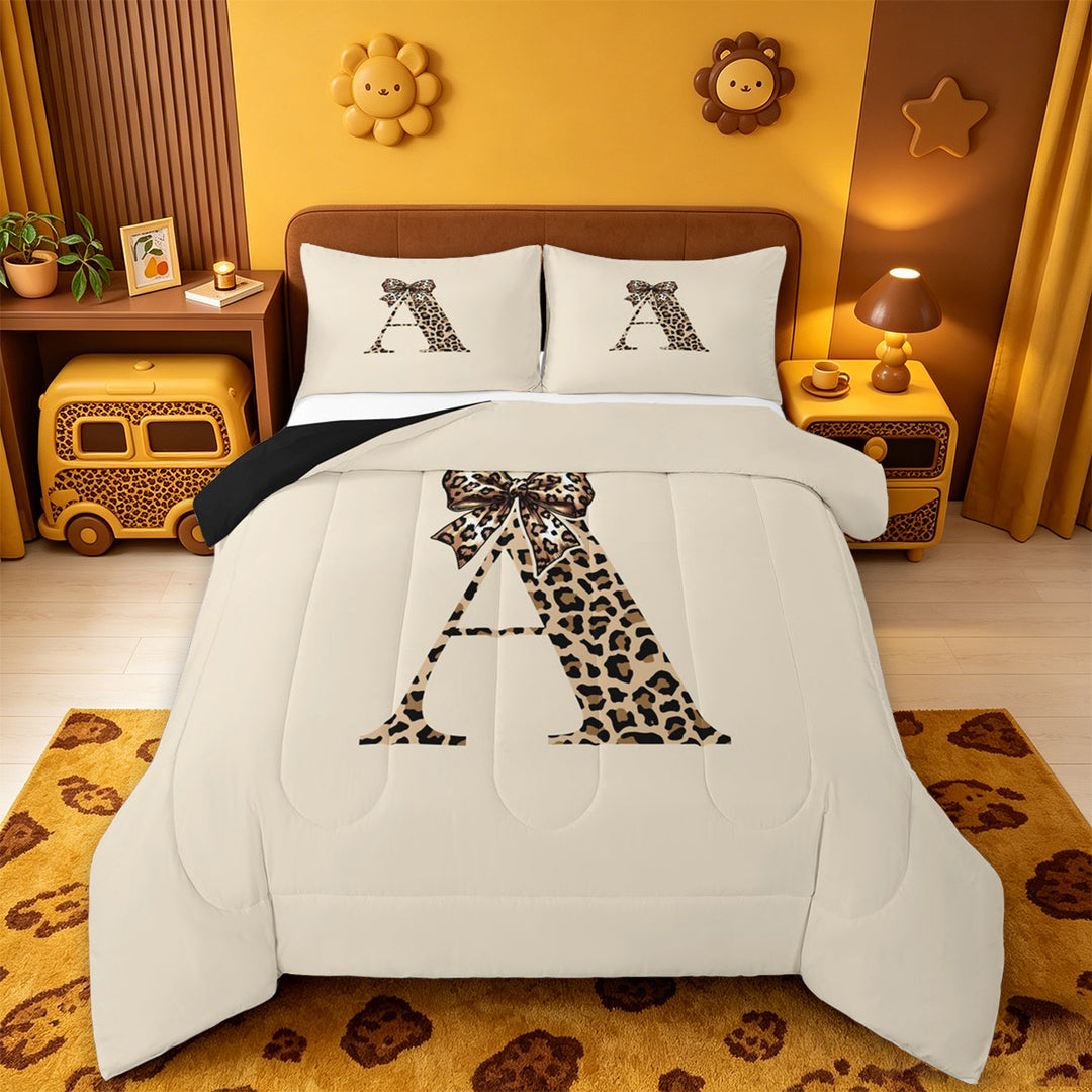 meiyoeat cheetah Bow Initial Full Size Comforter Sets,Leopard Print Monogram A Bedding Comforter Set,Black Reversible,3 Pieces,1 Comforter and 2 Pillowcases