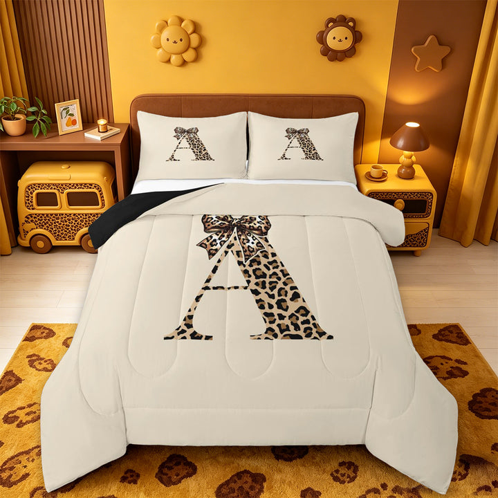 meiyoeat cheetah Bow Initial Full Size Comforter Sets,Leopard Print Monogram A Bedding Comforter Set,Black Reversible,3 Pieces,1 Comforter and 2 Pillowcases