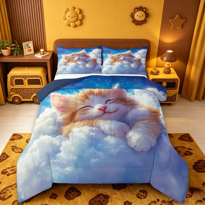 meiyoeat Dreamy Cloud Kitten Full Size Comforter Sets,Orange Cat Print Bedding Comforter Set For Girl,Reversible,3 Pieces,1 Comforter and 2 Pillowcases